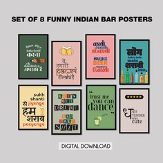 This is a set of 8  Indian Funny desi wall art prints for a restaurant or home bar. Popular Indian style art maximalist style decor, Bring an exciting vibe to your restaurant, Airbnb, or even home bar walls. ----------------------------------- I am an independent artist & photographer. Purchasing this image is your way of showing your support to me and my tribe globally. 8 different items. You receive 1 file for each item. Each file size: 24x36 inches This is a DIGITAL DOWNLOAD OF HIGH RESOLUTIO Bar Phrases, Hindi Phrases, Indian Bar, Wall Art Indian, Desi Humour, Indian Wall Art, Indian Funny, Maximalist Style, Desi Humor