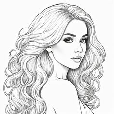 a drawing of a woman with long blonde hair and blue eyes, in black and white