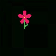 a pink flower is in the middle of a black background with green and yellow squares