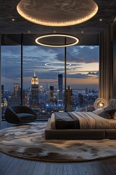 a bedroom with a view of the city at night