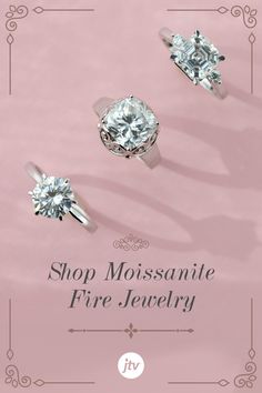 two engagement rings with the words shop moussantee fire jewelry on them and an image