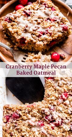 cranberry maple pecan baked oatmeal bars on a wooden tray