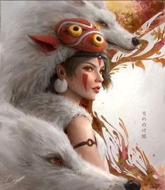 a painting of a woman wearing a wolf costume