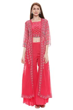 Top Sharara Set, Jacket Sharara, Fuschia Top, Embroidered Sharara, Sharara Pants, Embellished Crop Top, Embroidered Crop Tops, Long Gown Dress, Crepe Top