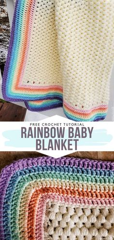 a crochet baby blanket is shown with the words rainbow baby blanket on it