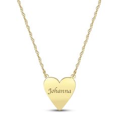 This lovely necklace features a 14K yellow gold heart customized with your name in an elegant serif font. The pendant suspends from an 18-inch rope chain that secures with a spring ring clasp. Yellow Gold Name Necklace For Valentine's Day, Heart Shaped Yellow Gold Name Necklace, Customizable Yellow Gold Heart Pendant Name Necklace, Personalized Yellow Gold Heart Pendant Charm Necklace, Yellow Gold Custom Name Heart Pendant Necklace, 14k Gold Engraved Heart Name Necklace, Customizable Yellow Gold Necklace For Valentine's Day, 14k Gold Heart Pendant Name Necklace, 14k Yellow Gold Heart-shaped Name Necklace