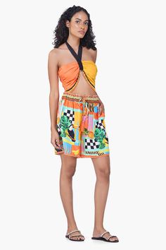 Solid color bralet top Broad black tie-up Halter Neck Back Panel with smocking and centre back half orange and yellow Bead work detail at Bralet edges and Tie Knot edge Introducing the Barbara Toucan Printed Top – a vibrant and playful piece that combines tropical charm with modern style. This solid color bralet top features a bold and eye-catching toucan print, perfect for adding a pop of color to your summer wardrobe. Designed with attention to detail, this top boasts a broad black tie-up halt Multicolor Beachwear Crop Top For Beach Season, Multicolor Crop Top For Beach Party In Summer, Multicolor Crop Top For Summer Beach Party, Summer Multicolor Halter Top With Tie-side Bottom, Yellow Halter Neck Crop Top For Vacation, Multicolor Halter Top With Tie-side Bottom For Summer, Summer Beach Orange Crop Top, Orange Summer Crop Top For Beach, Orange Summer Crop Top For The Beach