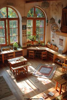 the sun shines through three arched windows in an old - fashioned kitchen with wooden tables and benches