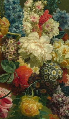 a painting of colorful flowers in a vase