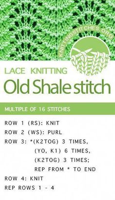 the knitting pattern for lace knitting old shae stitchs is shown in green and white