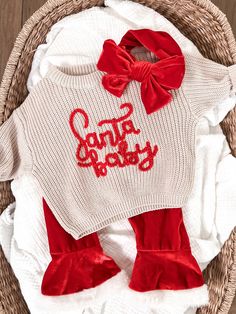 Personalized Hand-Embroidered Baby and Toddler Sweaters. Santa Baby Our charming hand-embroidered "Name" sweaters are the ideal choice for commemorating special moments such as birth announcements, newborn and family photos, baby shower gifts, birthdays, or any memorable occasion! Each embroidery is meticulously crafted by hand, making every sweater a unique and one-of-a-kind masterpiece. You can customize the sweater with your baby's name, select your preferred sweater color, and embroidery color. **Please provide all the custom information for your order in the personalization box at checkout. Refer to the listing photos for available sweater and yarn colors. The size of the embroidery/letters may vary depending on the number of letters and sweater size. These sweaters have an oversized Hand Embroidery Christmas Sweater, Hand Embroidered Baby Gifts, Christmas Embroidery Sweater, Christmas Embroidered Sweater, One Year Old Christmas Gifts, Hand Embroidery Sweater, Embroidery Baby Clothes, Christmas Baby Outfits, Embroidered Crafts