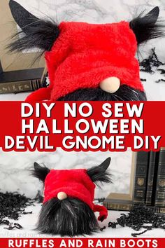 an image of halloween decorations with text overlay that reads diy no sew halloween devil gnome diy ruffles and rain boots