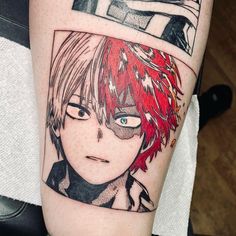 an anime character with red hair and blue eyes is shown on the leg, while another has