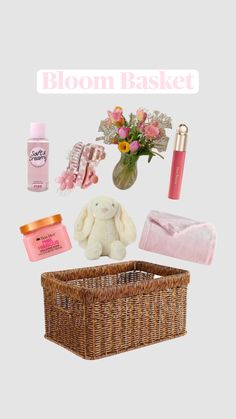 the contents of a basket are shown with flowers and other things to put in it