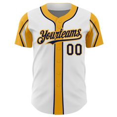 Custom White Navy-Gold 3 Colors Arm Shapes Authentic Baseball Jersey White Jersey With Baseball Collar For Sports Events, Custom Varsity Baseball Jersey, White Baseball Jersey With Team Name For Game Day, White Baseball Jersey With Team Logo For College, White Team Spirit Baseball Jersey For Sports Events, White College Baseball Jersey With Team Logo, Game Day White Baseball Jersey With Team Name, White Baseball Jersey For Sports Events, White Varsity Baseball Jersey For Sports Season