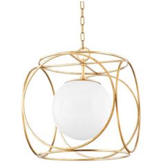 a light fixture with a white ball hanging from it's golden metal wire frame