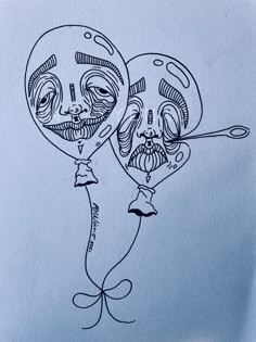 an ink drawing of two balloons with faces on them, one is holding a toothbrush