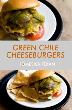 green chile cheeseburger on a plate with tortilla chips