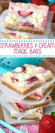 strawberries and cream magic bars are stacked on top of each other