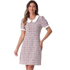 Upgrade your wardrobe with the lovely tweed dress. With its trendy peter pan collar design and A-line silhouette, this dress effortlessly blends casual and elegant styles. The keyhole back and puff short sleeves add unique touches to this mini dress. Made from 100% polyester, it is perfect for spring and summer occasions, whether it's for work, office, parties, dating, weddings, or daily wear. Pair it with your favorite heels and handbag for a sweet, inspired look. Mini Dress Pink, Womens Tweed, Peter Pan Collar Dress, Sequin Midi Dress, Floral Denim, Tweed Dress, Mini Slip Dress, Collar Designs, Pink Mini Dresses