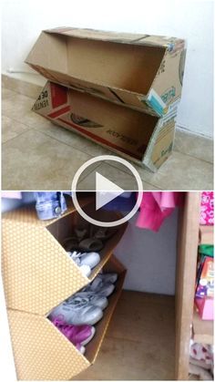 an open cardboard box sitting on top of a floor next to a shelf filled with shoes