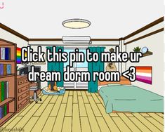 a room with a bed and bookshelf in it that says, click this pin to make your dream dorm room 3