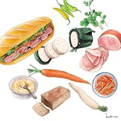 a watercolor painting of food including bread, meats and vegetables