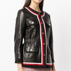 Gucci Ribbon Trim Lambskin Jacket Alessandro Michele Joined Gucci As Creative Director In 2015 And Has Brought A New Direction To The Luxury This Black Lambskin And Cotton Ribbon Trim Jacket From Gucci Features A Crew Neck, Long Sleeves, A Front Button Fastening, Two Chest Pockets, Two Front Pockets, Button Cuffs, A Straight Hem And Signature White And Red Ribbon Trim Details. Made In Italy New With Tags Size It 40 Retail $4600 Gucci Designer Leather Outerwear, Designer Gucci Leather Outerwear, Designer Leather Gucci Outerwear, Gucci Fitted Leather Jacket For Fall, Designer Gucci Leather Jacket With Long Sleeves, Black Elegant Gucci Outerwear, Elegant Black Gucci Outerwear, Designer Gucci Long Sleeve Leather Jacket, Designer Long Sleeve Gucci Leather Jacket