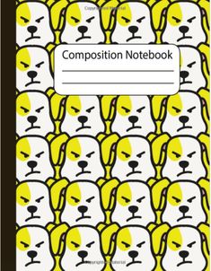 the composition notebook is filled with yellow and white dogs'heads, which are lined up in rows