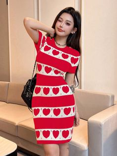 Women's Casual Color Block Heart Pattern Fitted Short Sleeve Sweater Dress, Spring/Summer Red Casual  Short Sleeve Fabric Geometric,Heart  Medium Stretch  Women Clothing, size features are:Bust: ,Length: ,Sleeve Length: