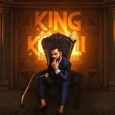 a man sitting on top of a chair in front of a sign that says king kohl