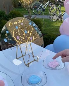 a table with balloons and cake in the shape of trees on it, next to a sign that says he or she?