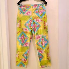 Size Xs Like New Beautiful Pant In Excellent Condition From A Smoke Free Home Fitted Yellow Pants For Vacation, Yellow Floral Print Vacation Pants, Spring Yellow Ankle-length Pants, Yellow Straight Leg Summer Pants, Yellow Straight Leg Pants For Summer, Yellow Floral Print Cotton Pants, Fitted Yellow Floral Print Pants, Yellow Floral Print Long Pants, Summer Stretch Yellow Pants