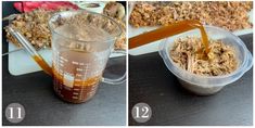 two pictures showing how to make an iced drink with caramel and apple cider