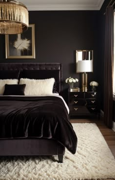 a bedroom with black walls and white carpet