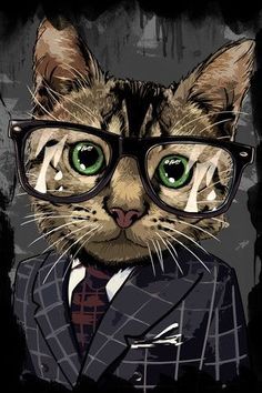 a cat wearing glasses and a suit with green eyes is shown in front of a black background