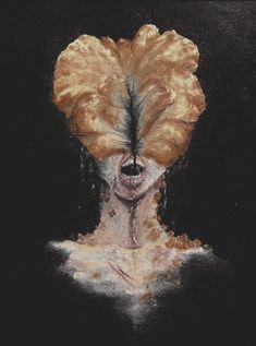 a painting of a woman's head with hair blowing in the wind and makeup on her face