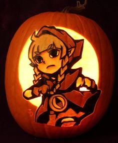 a pumpkin carved to look like an anime character