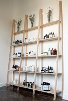 the shelves are filled with various types of skin care products