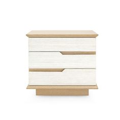 a white and wood dresser with two drawers on it's sides, against a white background