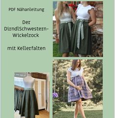 three pictures with different styles of dresses and skirts on them, including one in white shirt and the other in green