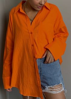 Lightweight Oversized Classic Button DownTangerine ColorwayModel Wears Size Small Fashion Inspo Summer, Summer Styling, Oversized Top, Small Tops, Fashion Fashion, Red Leather Jacket, Chic Style, Summer Fashion, Fashion Inspo