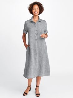 Modernist by FLAX Elegant Button-up Shirt Dress With Rolled Sleeves, Classic Shirt Dress With Spread Collar For Summer, Classic Spread Collar Shirt Dress For Summer, Classic Summer Shirt Dress With Spread Collar, Classic Dresses With Buttoned Pockets, Classic Button-up Dress With Buttoned Pockets, Classic Collared Shirt Dress With Button Cuffs, Formal Spread Collar Shirt Dress With Pockets, Formal Button-up Shirt Dress With Pockets