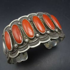 Vintage Navajo HENRY SAM Sterling Silver OLD MEDITERRANEAN CORAL Cuff BRACELET #NATIVEAMERICAN #BOHOCHIC Native American Bracelets, Southwest Jewelry, Navajo Jewelry, Vintage Navajo, American Indian, What You See, Boho Chic Fashion, Bracelet Sizes, Handmade Bracelets