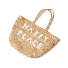 jute tote bag with two handles and white embroidery reading happy place Texas Beach House, Coastal Boutique, Sugarboo Designs, House On The Beach, Jute Tote Bag, Jute Basket, Summer Products, Herbs Garden, Jute Tote Bags