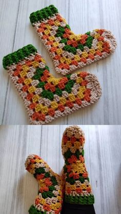 crocheted booties are shown on the floor and one is made out of yarn