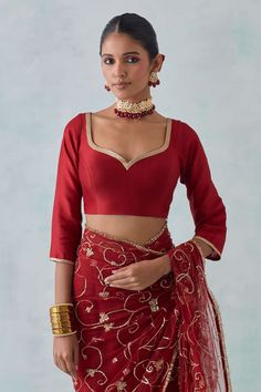 Red sheer saree featuring floral sequin hand embroidery all over. Paired with a sequin embroidered neck and sleeve hem padded blouse and a satin petticoat. - Aza Fashions Festive Blouse With Dupatta In Chinon, Festive Dola Silk Blouse With Dupatta, Silk Dupatta Top For Wedding, Silk Top With Dupatta For Wedding, Festive Chinon Blouse For Reception, Silk Wedding Top With Dupatta, Red Saree Blouse With Zari Work, Festive Saree Blouse For Reception, Wedding Tops With Dupatta For Diwali