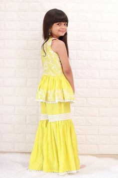 Shop for Kirti Agarwal - Pret N Couture Yellow Pleated Kurta And Sharara Set For Girls Online at Aza Fashions Diwali Cotton Sleeveless Dress, Sleeveless Cotton Dress For Diwali, Diwali Sleeveless Cotton Dress, Sleeveless Cotton Diwali Dress, Yellow Sleeveless Set For Eid, Sleeveless Cotton Sharara For Diwali, Sleeveless Green Sharara For Summer, Traditional Sleeveless Sets With Ruffles, Festive Sleeveless Cotton Sharara