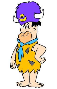 a cartoon character wearing a purple hat and yellow shirt with horns on it's head