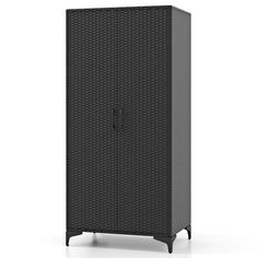 an outdoor wicker cabinet with doors on the front and side, in black color